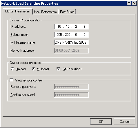 Network Load Balacing Dialog, Cluster Parameters tab