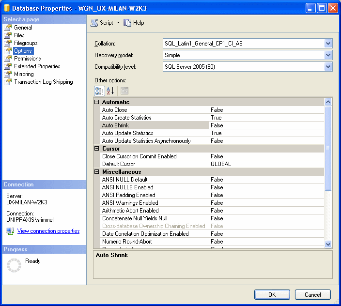 Microsoft SQL Server 2005: Database Properties dialog, Options page