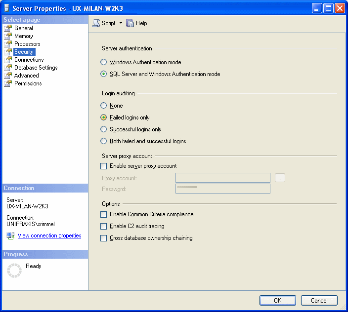 SQL Server 2005 server properties