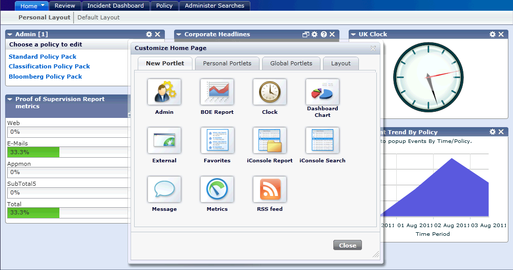 The iConsole home tab contains customizable portlets.