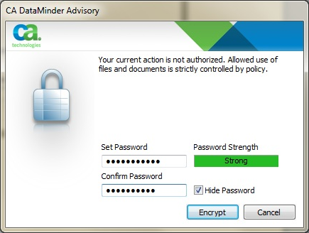 Encryption advisory dialog