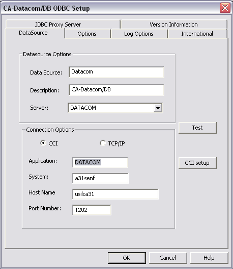 Example of CA Datacom/DB ODBC Setup screen