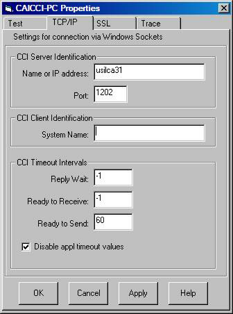 Example of CAICCI-PC Properties - TCP/IP Dialog screen
