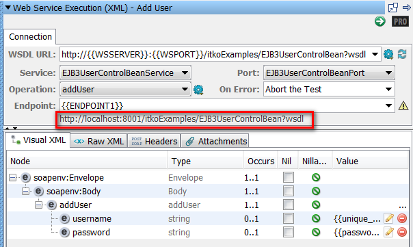 Screen shot highlighting the Endpoint field on the Add User Object XML test step