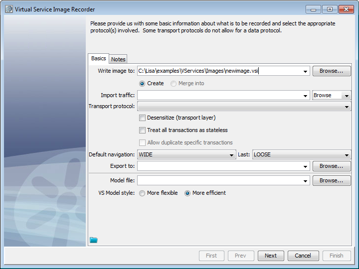 Image of the Basics tab on the Virtual Services Image Recorder