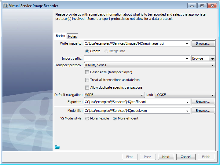 Image of the Basics tab on the Virtual Service Image Recorder for IBM WebSphere MQtransport protocol