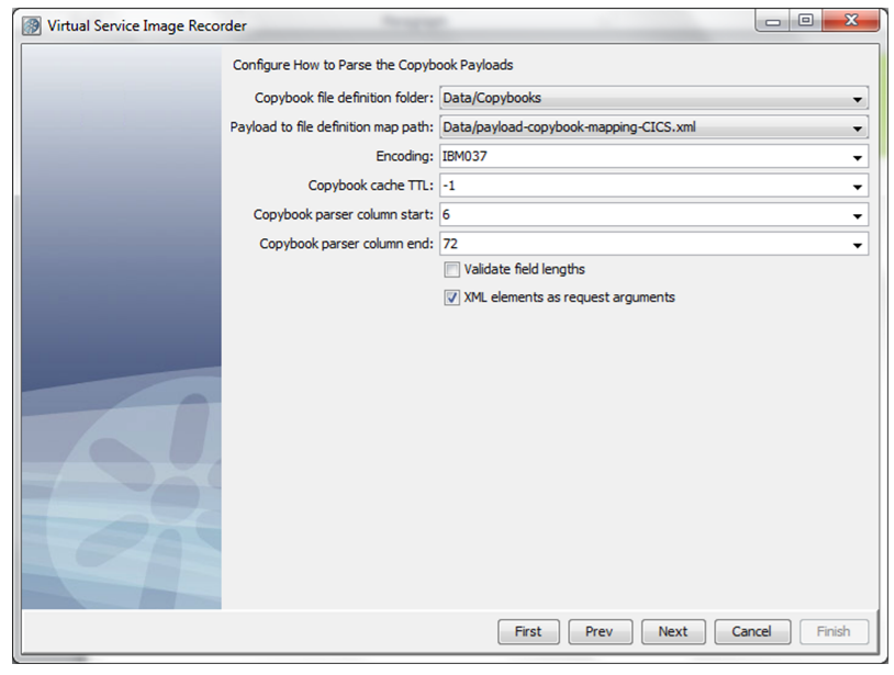 Screenshot of the Configure How to Parse the Copybook Payloads panel for the CICS LINK recording example.
