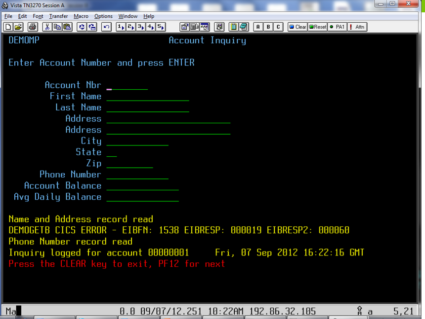 Screenshot of CICS screen for the CICS LINK example, showing the SUT being unavailable.