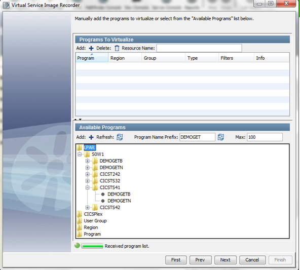 The CICS Programs to virtualize selection panel with the CICS LINK recording example environment shown.