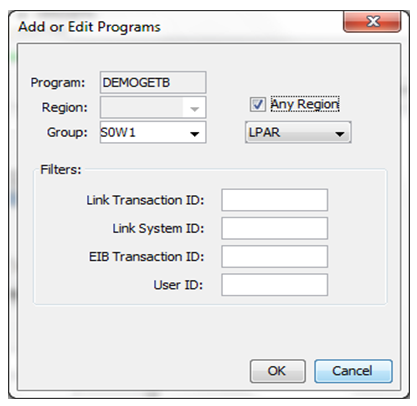 Screenshot of the Add or Edit Programs window for CICS LINK recordings, with Any Region selected.