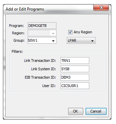 Screenshot of the Add or Edit Programs window for CICS LINK recordings, with filters entered.