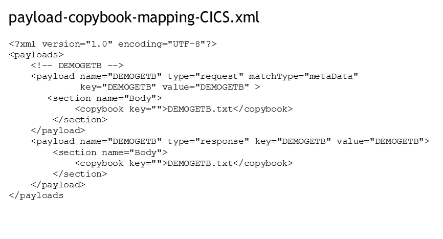 Copybook mapping XML file contents for the CICS LINK demo recording.