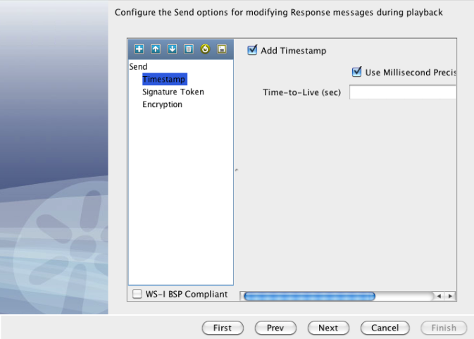 Screenshot for WS-Security Request data protocol Send options for modifyng Response messages during playback.