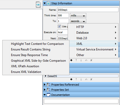 Screenshot of XML submenu, Ensure Result Contains String.