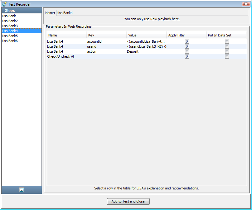 Screenshot of Test Recorder, Parameters page for Tutorial 6