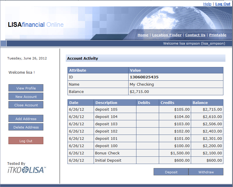Screenshot of LISA Bank with incrementing account balance for Tutorial 6