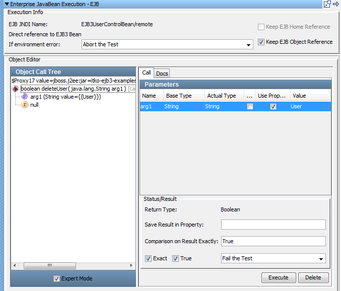 Screenshot of EJB step for DeleteUser for Tutorial 7