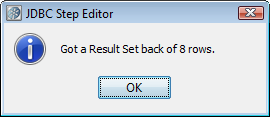Screenshot of JDBC Step Editor message about Result Set results