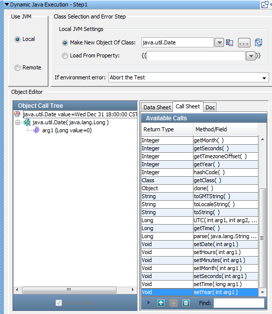 Screenshot of the Call Sheet tab for the Dynamic Java Execution step.