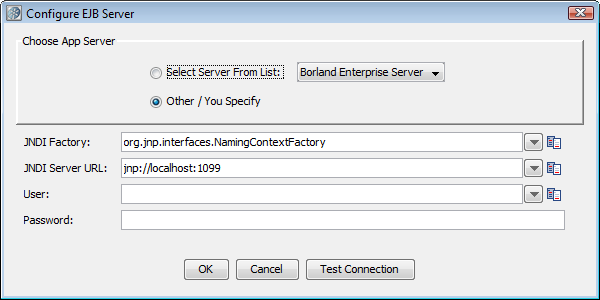 Configure EJB Server window