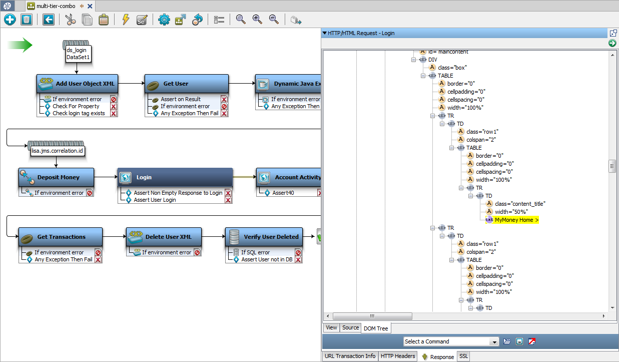 Screenshot of multi-tier-combo with LISA Bank Login step opened in DOM Tree view