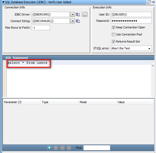 Assertion: Screenshot of adding an SQL statement to the Verify User Added step