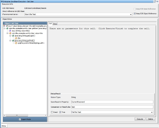 Assertion: Adding an assertion from a returned Java object example screenshot with Expert Mode check box selected.