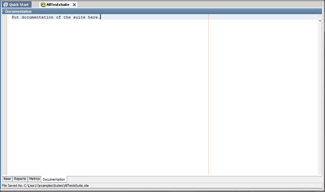 Documentation tab of the Test Suite Editor