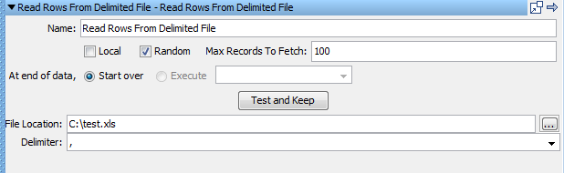 Read Rows from Delimited File data set window, with Random check box selected