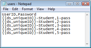 Notepad file with five users listed