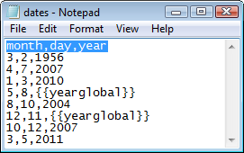 Notepad file with month,day,year - example of a Delimited Data File data set