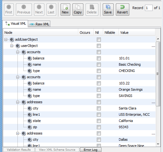 XML Data Set window - Record Editing panel