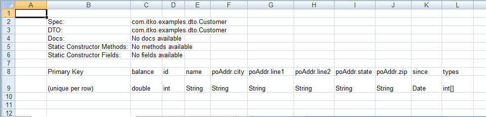Excel file with with a row specifying property names, followed by a row specifying the data types.