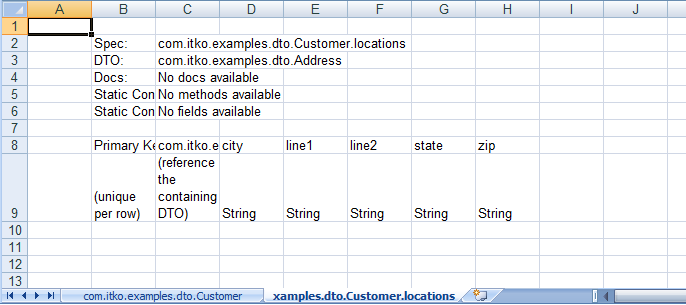 Excel file his sheet contains the data for an Address object in each row
