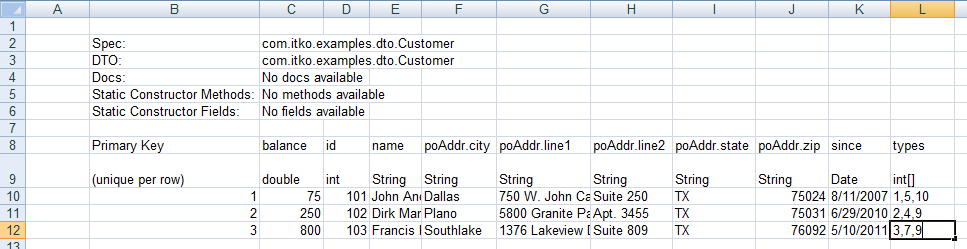 Second Excel file listing the primary key of the parent Customer object in the "reference the containing DTO" field of each location that belongs to the Customer