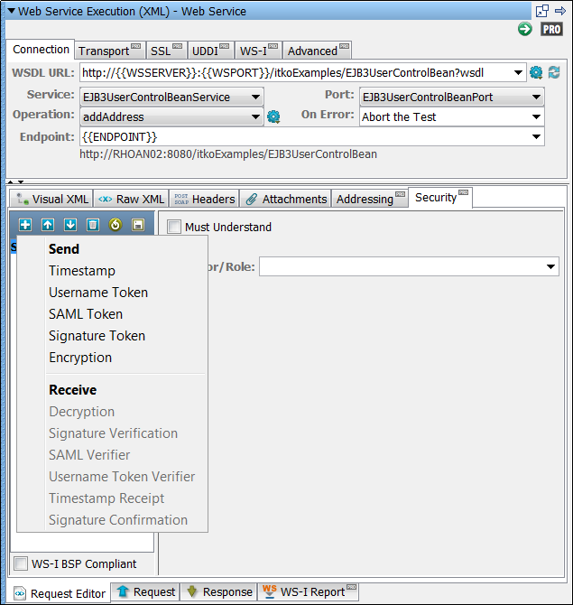 Web Service Execution (XML) step Security tab Send./Receive menu
