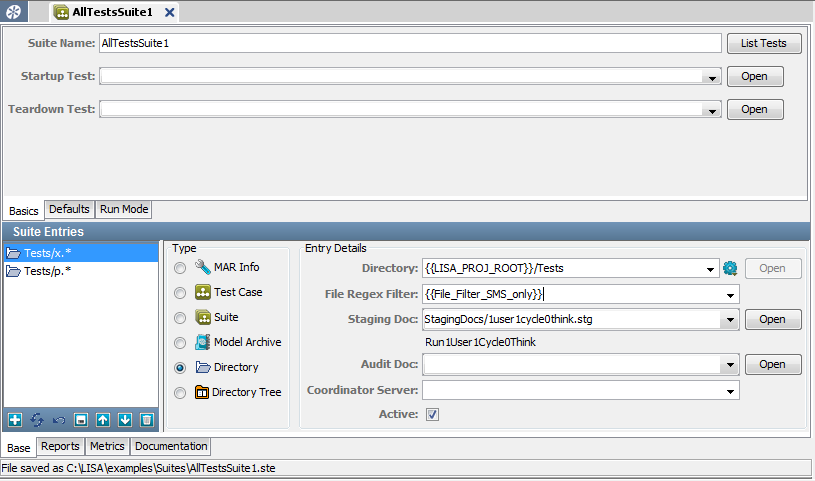 Base tab of the Test Suite Editor