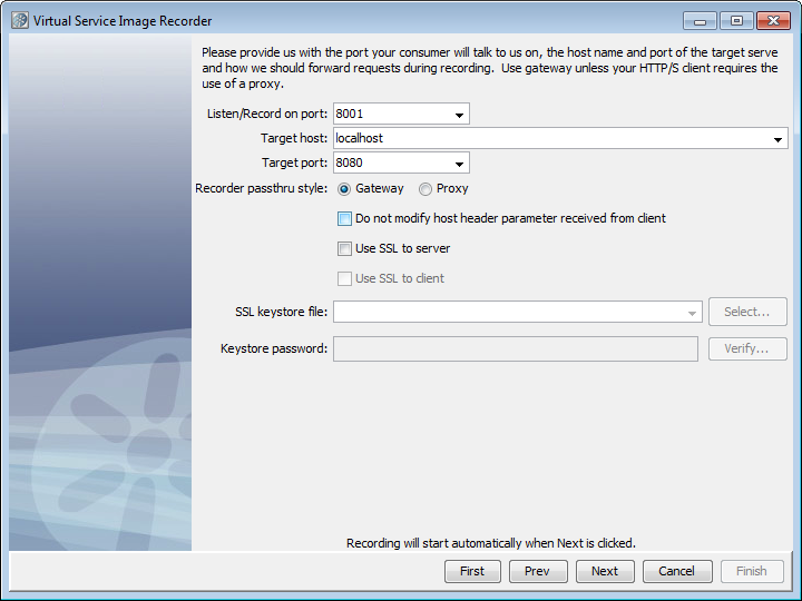 Screenshot of VSI Recorder port selection screen, listening on port 8001 and Target port of 8080