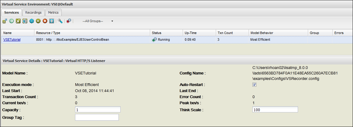 Screenshot of VSE Console Services tab with VSETutorial service showing 3 transactions.