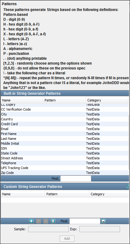 Screenshot of Property Window, Patterns tab