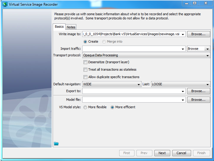 Basics tab on the VS Image Recorder for ODP