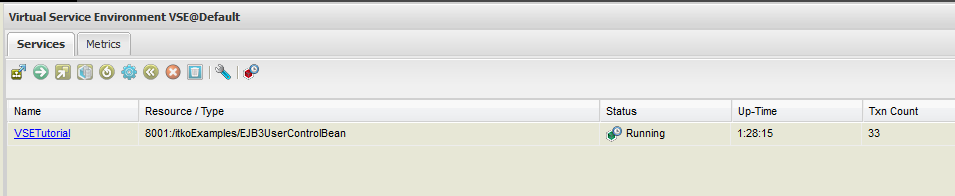 Capture d'écran de l'onglet Services de la console VSE avec le service VSETutorial affichant 33 transactions