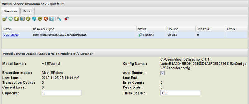 Capture d'écran du modèle de service virtuel VSETutorial dans l'onglet Services de la Console VSE