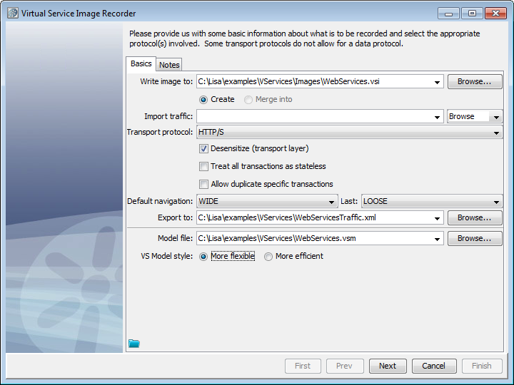 Image de l'onglet Basics (Paramètres de base) dans l'enregistreur d'image de service virtuel pour le protocole de transport HTTPS