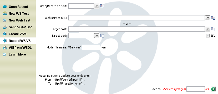 Fenêtre Quick Start (Démarrage rapide), option Record WS VSI (Enregistrer une image de service virtuel de service Web)