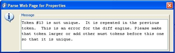 Message indiquant que le jeton du filtre Parse Web Page for Properties (Rechercher les propriétés dans la page Web) n'est pas unique.