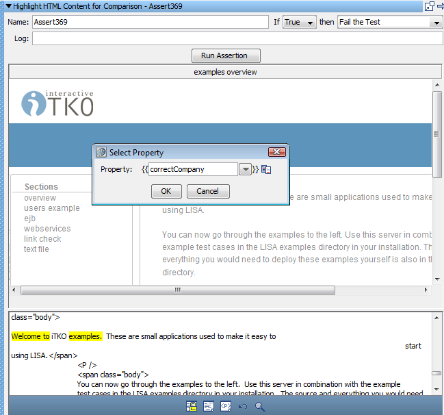 Assertion Highlight HTML Content for Comparison (Mettre en surbrillance le contenu HTML pour la comparaison) de la boîte de dialogue Select Property (Sélectionner une propriété)