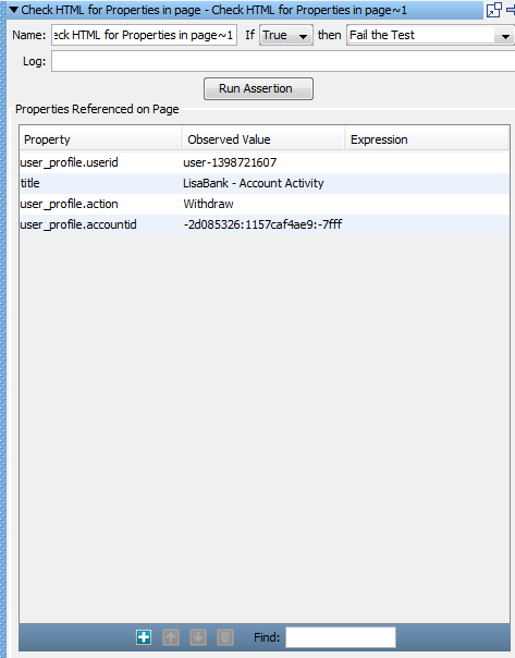 Fenêtre Check HTML for Properties in Page (Rechercher les propriétés de la page dans le contenu HTML) répertoriant certaines propriétés référencées dans la page