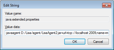 Boîte de dialogue Edit String (Modifier une chaîne) contenant une chaîne de paramètres d'agent dans un champ de données de valeur