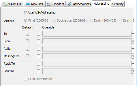 Onglet Addressing (Adressage) de l'étape Web Service Execution (XML) (Exécution de service Web)